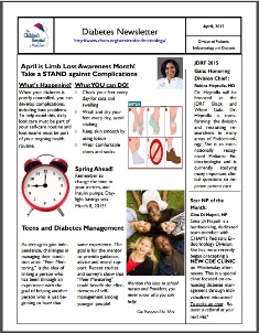 April 2015 Diabetes Newsletter featuring Dr. Rubina Heptulla and a diverse group of five smiling teenagers.