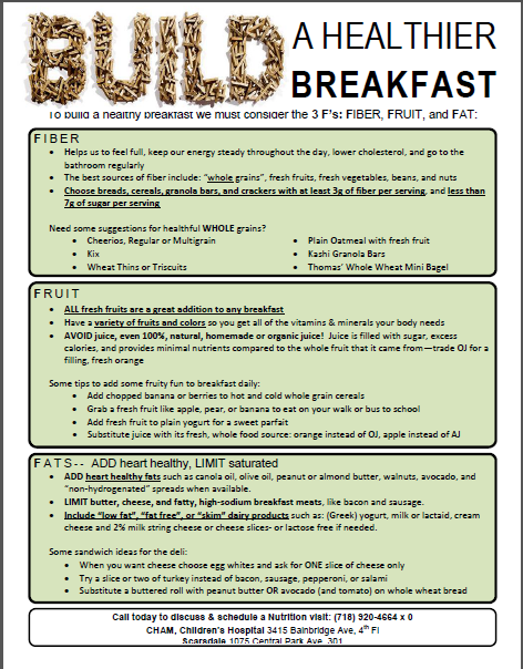 Infographic for Children's Hospital titled Build a Healthier Breakfast, focusing on fiber, fruit, and healthy fats.