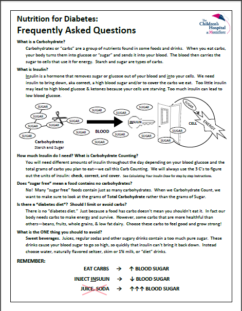 Children's Hospital at Montefiore diabetes nutrition FAQ explaining carbs, insulin, and blood sugar management.