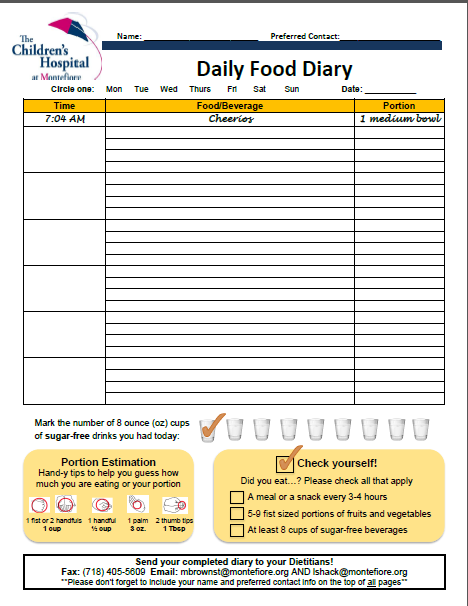 The Children's Hospital at Montefiore Daily Food Diary form to track meals, portion sizes, and water intake.