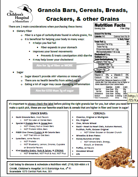 Children's Hospital at Montefiore clinical flyer on choosing healthy grains, emphasizing fiber and sugar comparisons.